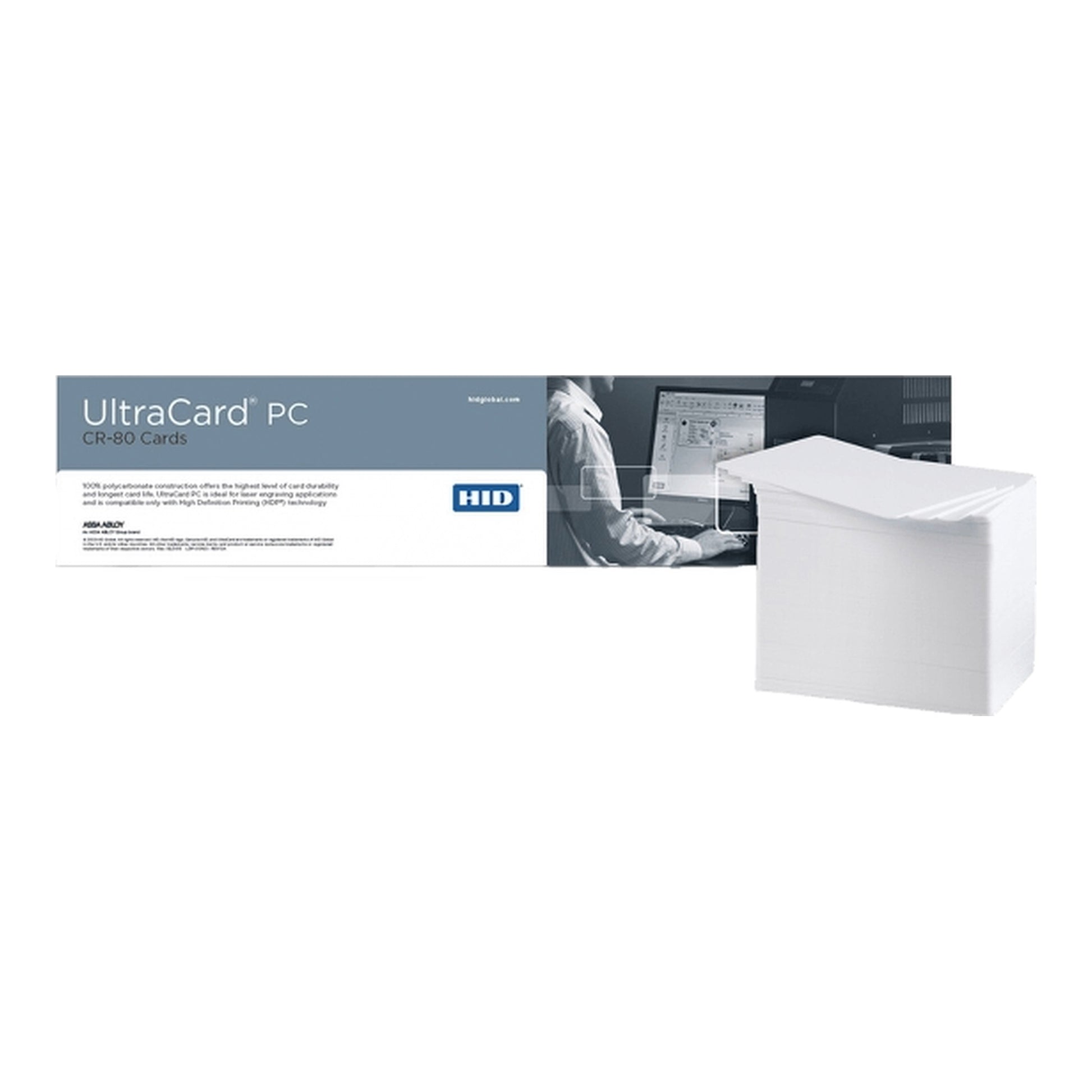HID FARGO 82289 UltraCard PC package with stack of blank polycarbonate CR-80 cards