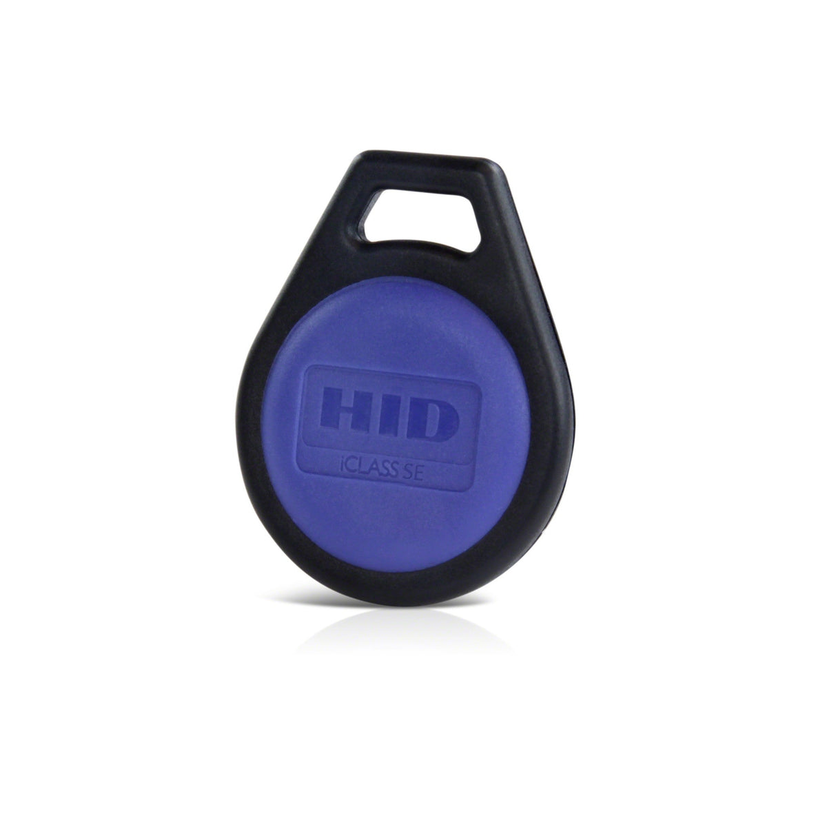HID iCLASS SE Key II 32k black moulded keyfob with a blue HID iCLASS SE insert