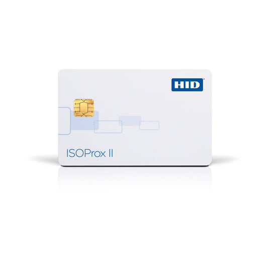 A HID ISOProx II 1386 Proximity Card, Printable (Programmed), featuring a white design with a gold chip on the left side and blue branding on the top right, is displayed against a white background. This 125 kHz access card provides secure and customizable entry solutions while allowing for personalized printing.