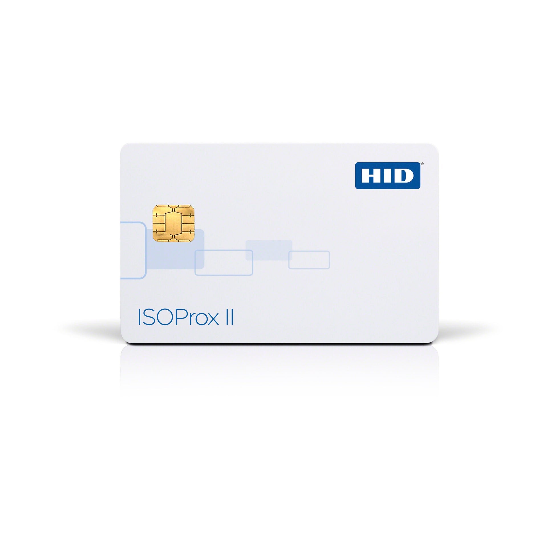 A HID ISOProx II 1586LGGMN Composite Proximity Card (Programmed), featuring a white printable surface, gold chip on the left, and blue branding in the upper right corner, is displayed against a plain white background—perfect for use with laminating printers.