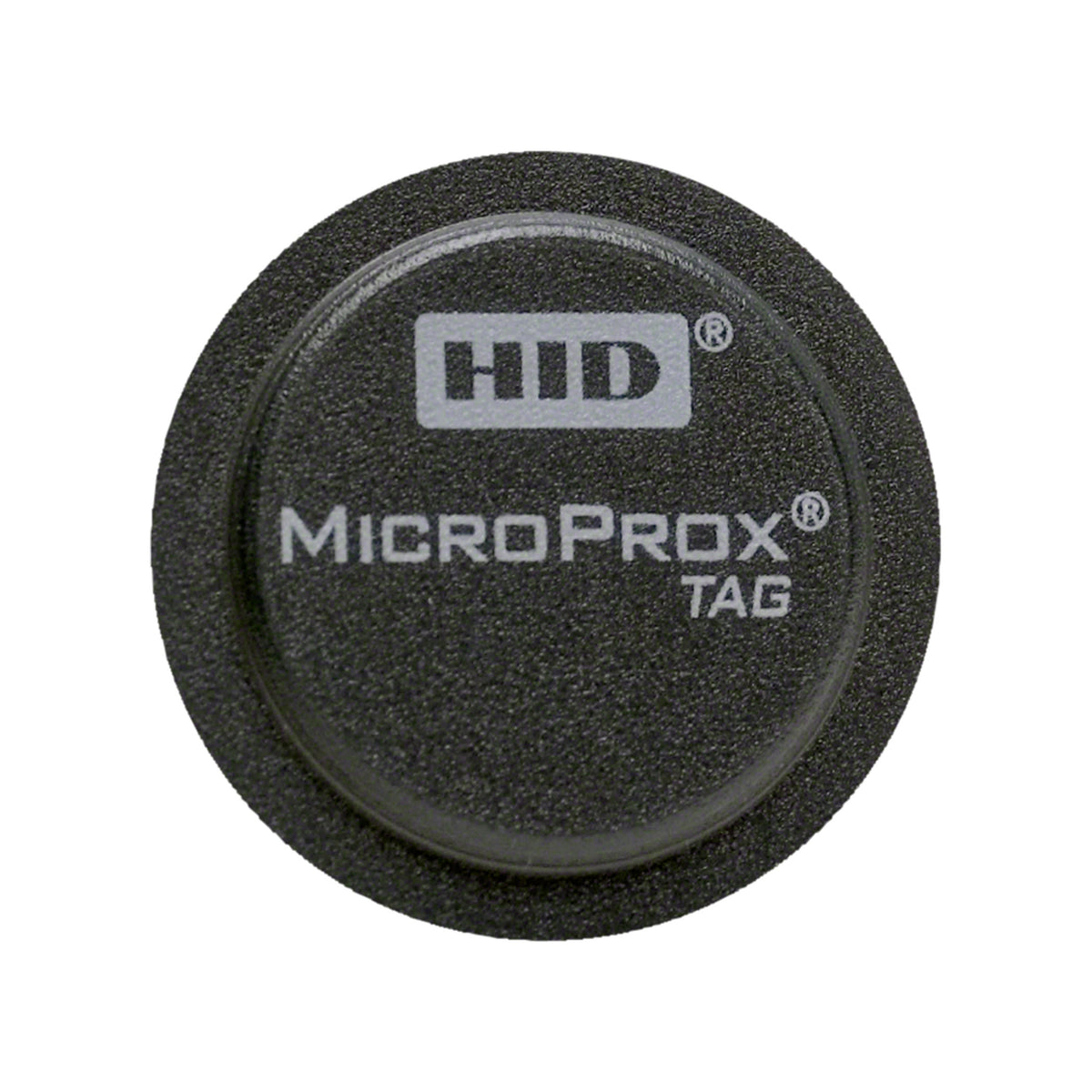 HID MicroProx 1391 adhesive proximity tag, a round black textured disc printed with the HID and MicroProx Tag logos in white, shown face-up against a white background.