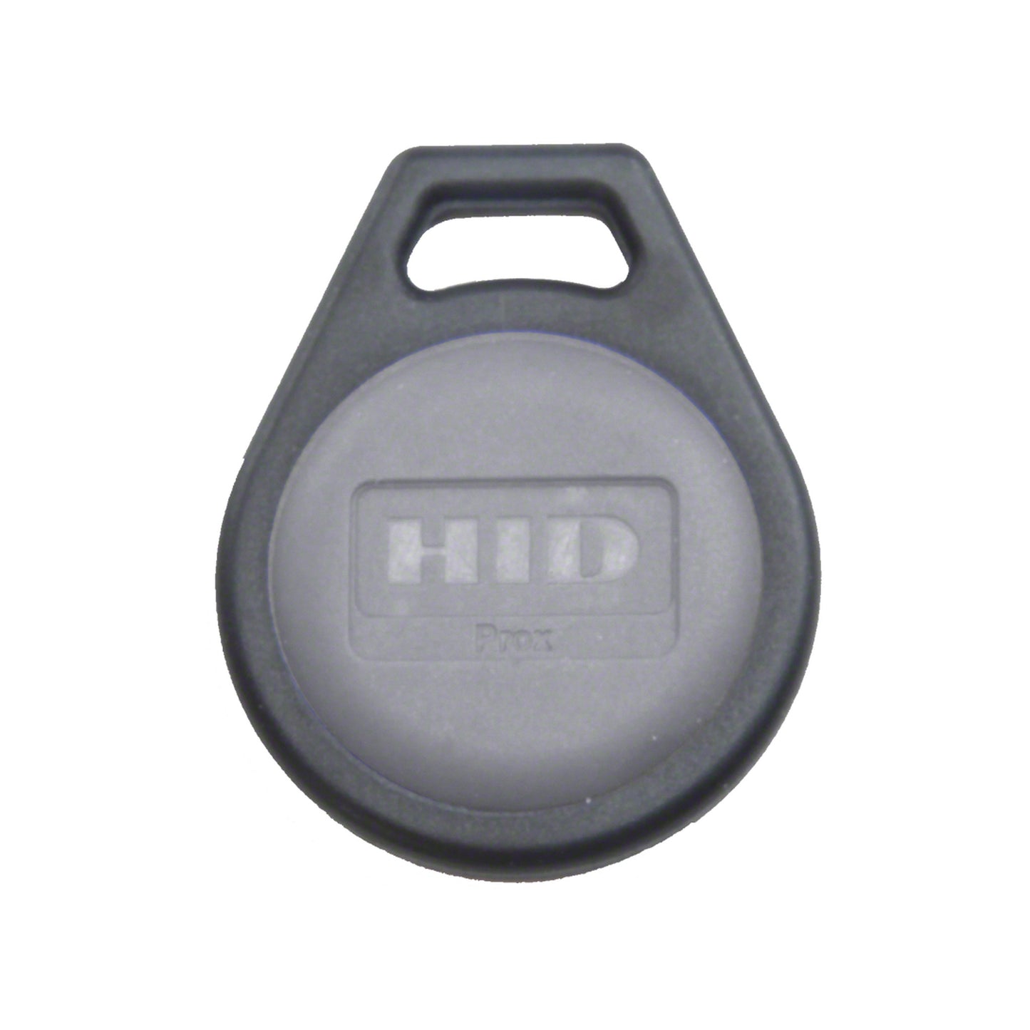 HID ProxKey III 1346 proximity keyfob, a black teardrop-shaped fob with a molded keyring slot at the top and a recessed gray face embossed with the HID Prox logo, shown front-on against a white background.