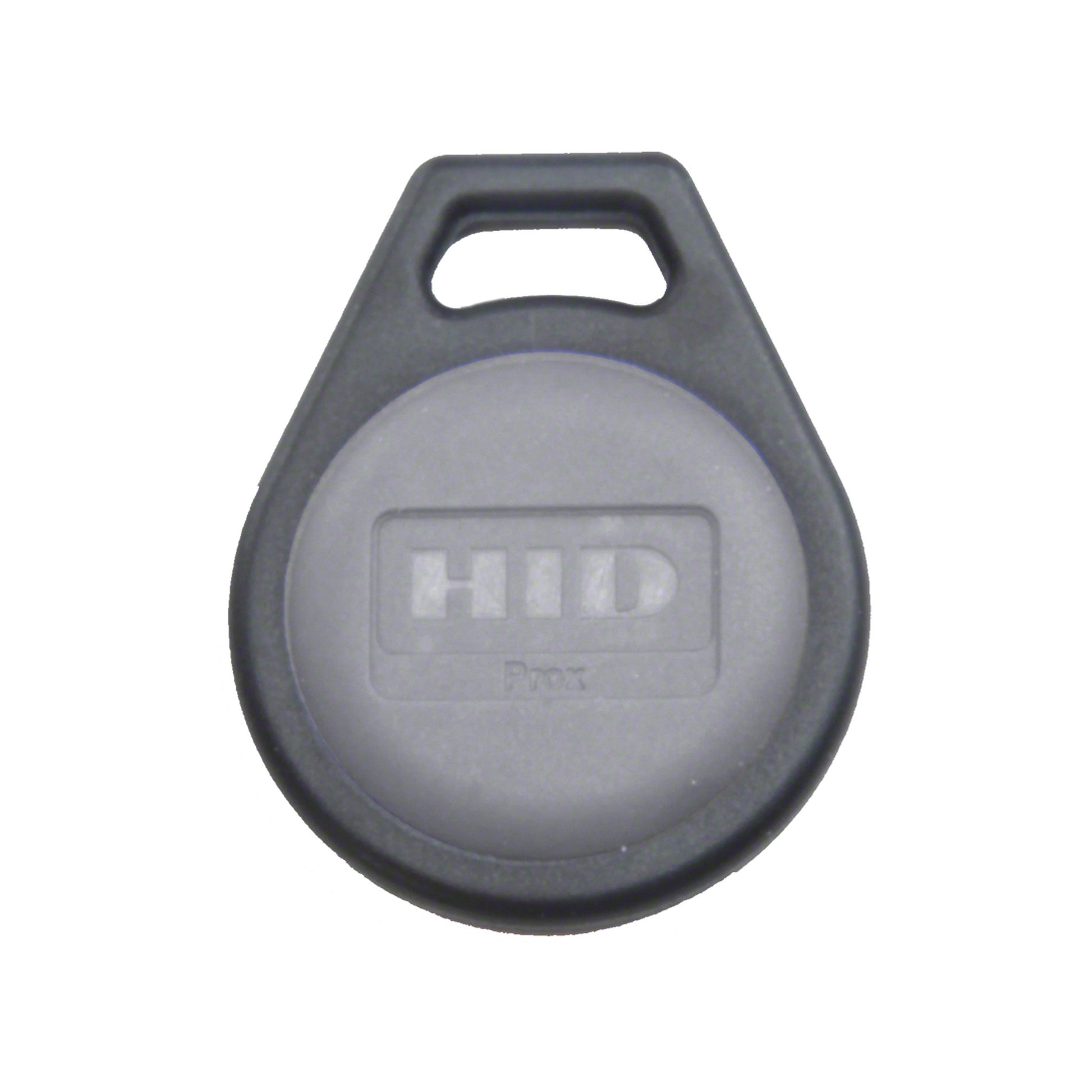 HID ProxKey III 1346 proximity keyfob, a black teardrop-shaped fob with a molded keyring slot at the top and a recessed gray face embossed with the HID Prox logo, shown front-on against a white background.