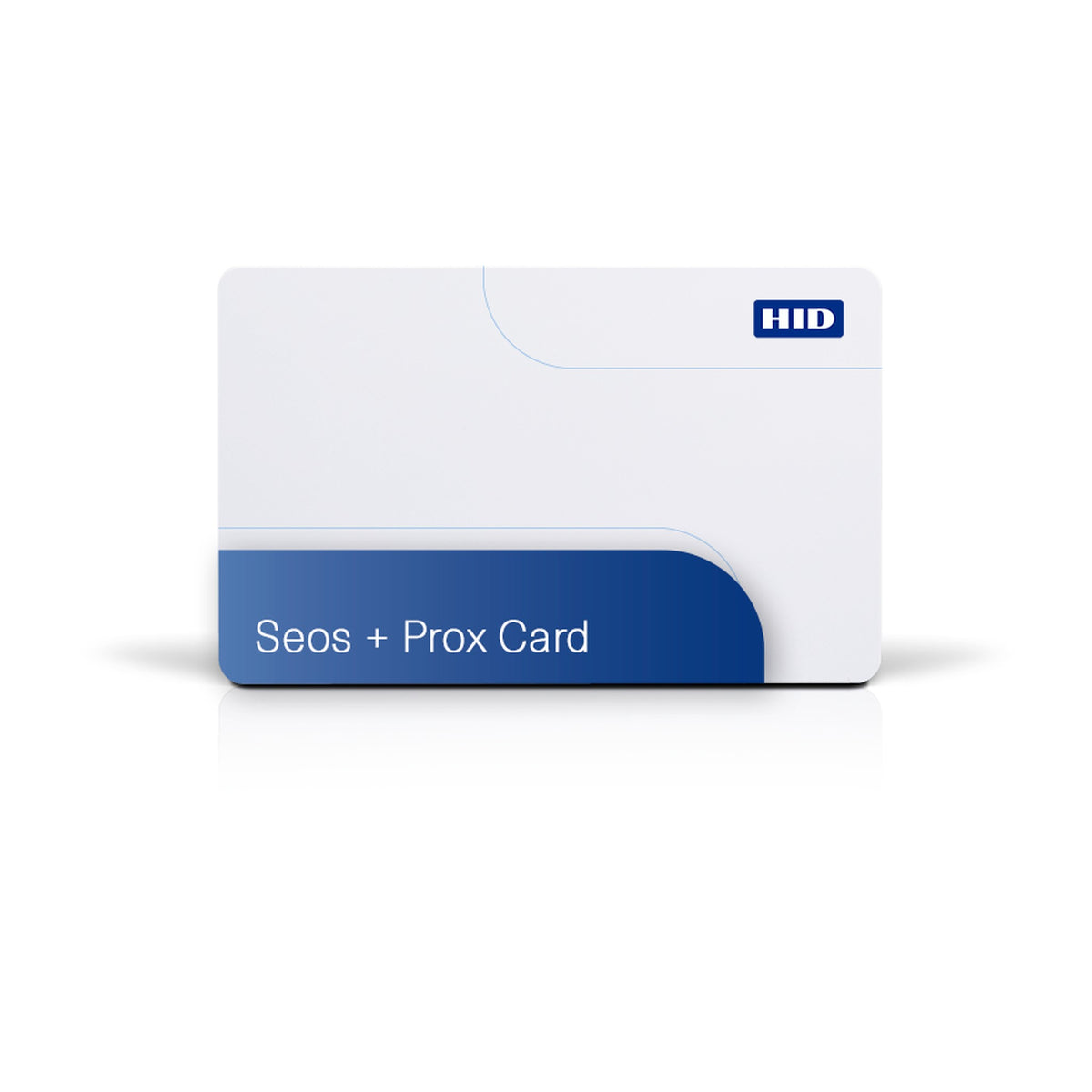 HID Seos 510 white dual technology card with a dark blue band reading Seos plus Prox Card