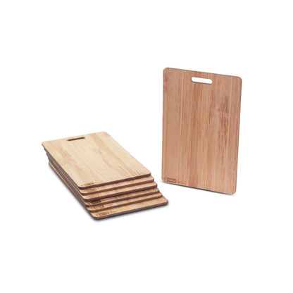 Stack of HID Seos 574 bamboo contactless smart cards showing the natural variation in grain and colour