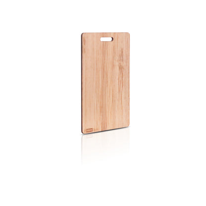 HID Seos 574 natural bamboo contactless smart card standing upright with a vertical slot punch
