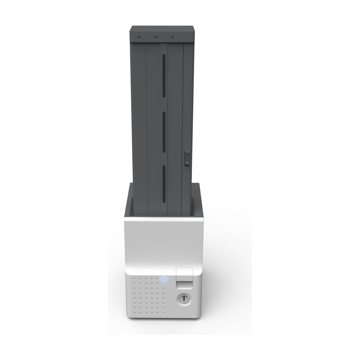 IDP SMART-70 output hopper module from the front, dark card cartridge rising from the top, key lock at the lower right