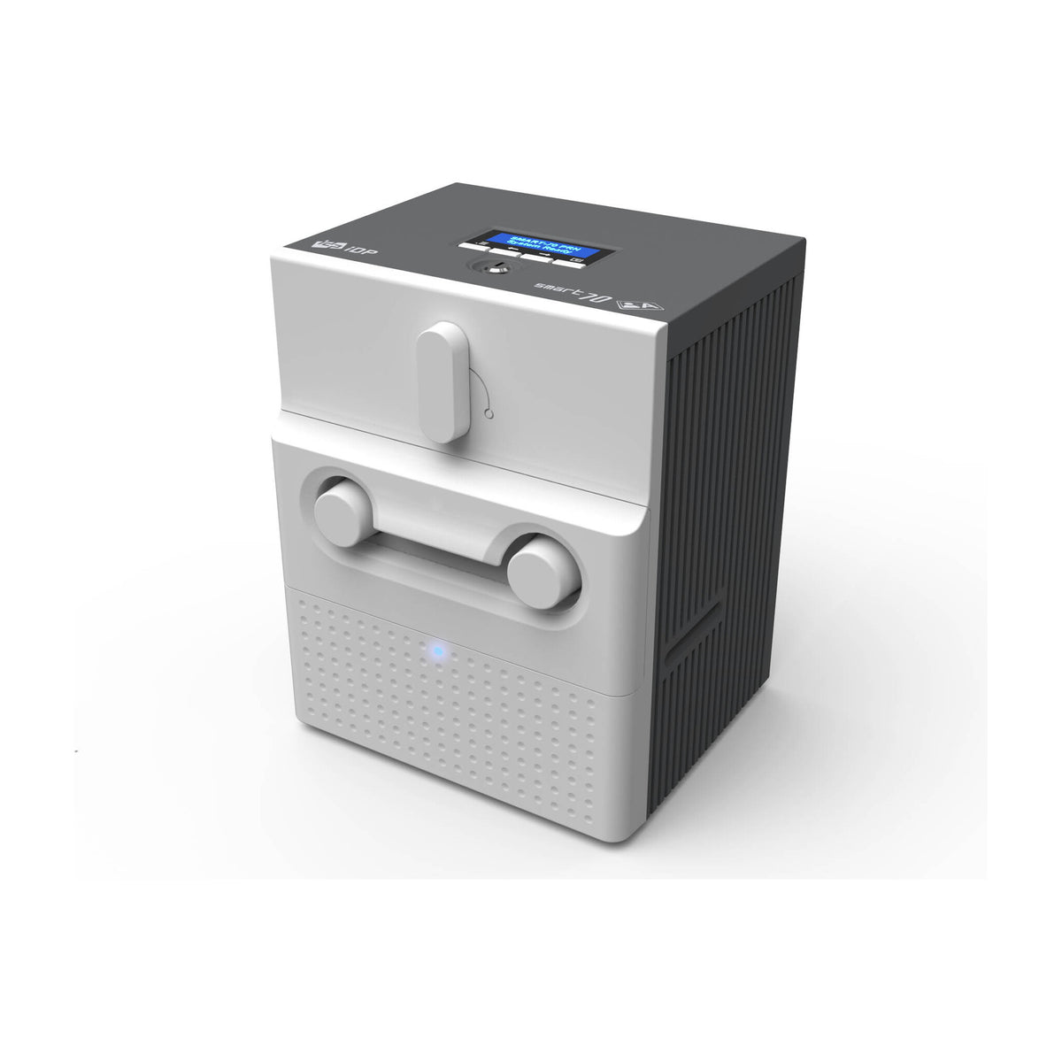 IDP SMART-70 printer module with its LCD on top, ribbon cartridge knobs on the front and dark ribbed side panel