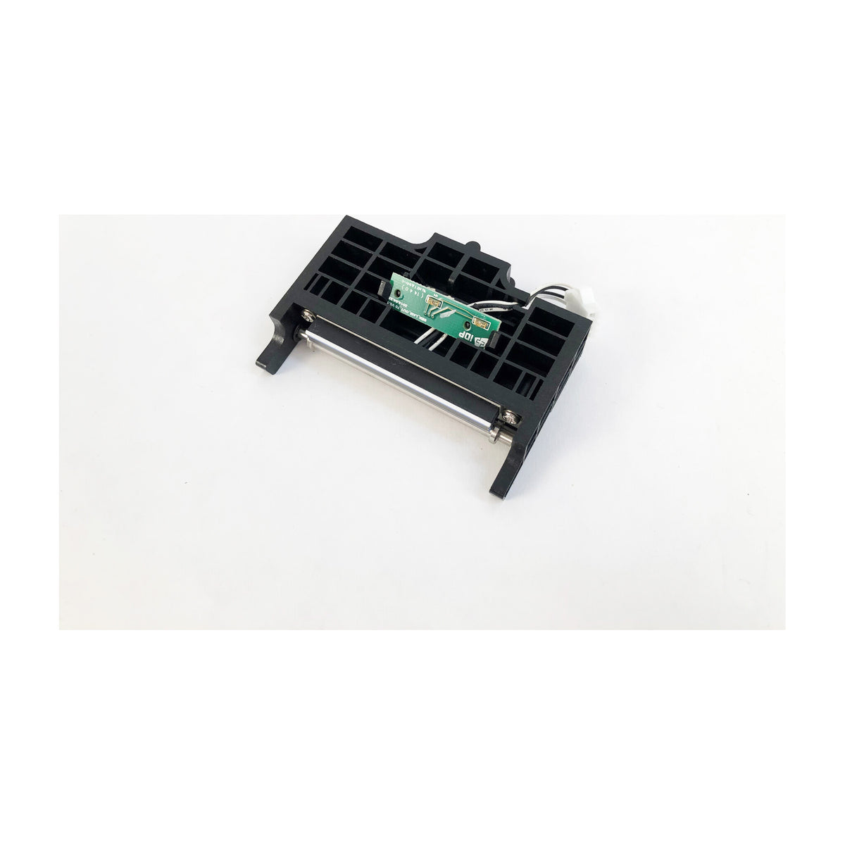 IDP SMART-70 laminator head in a black ribbed frame with a small green IDP sensor board and two cables