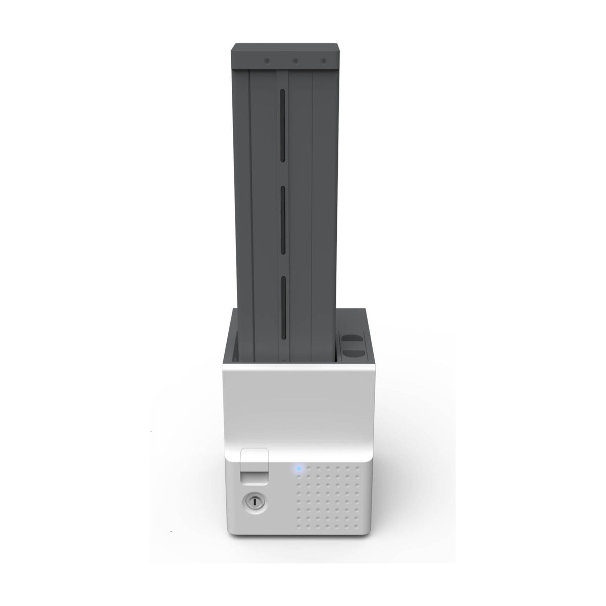 IDP SMART-70 input hopper module with its dark card cartridge standing in the top, key lock and blue LED on the front