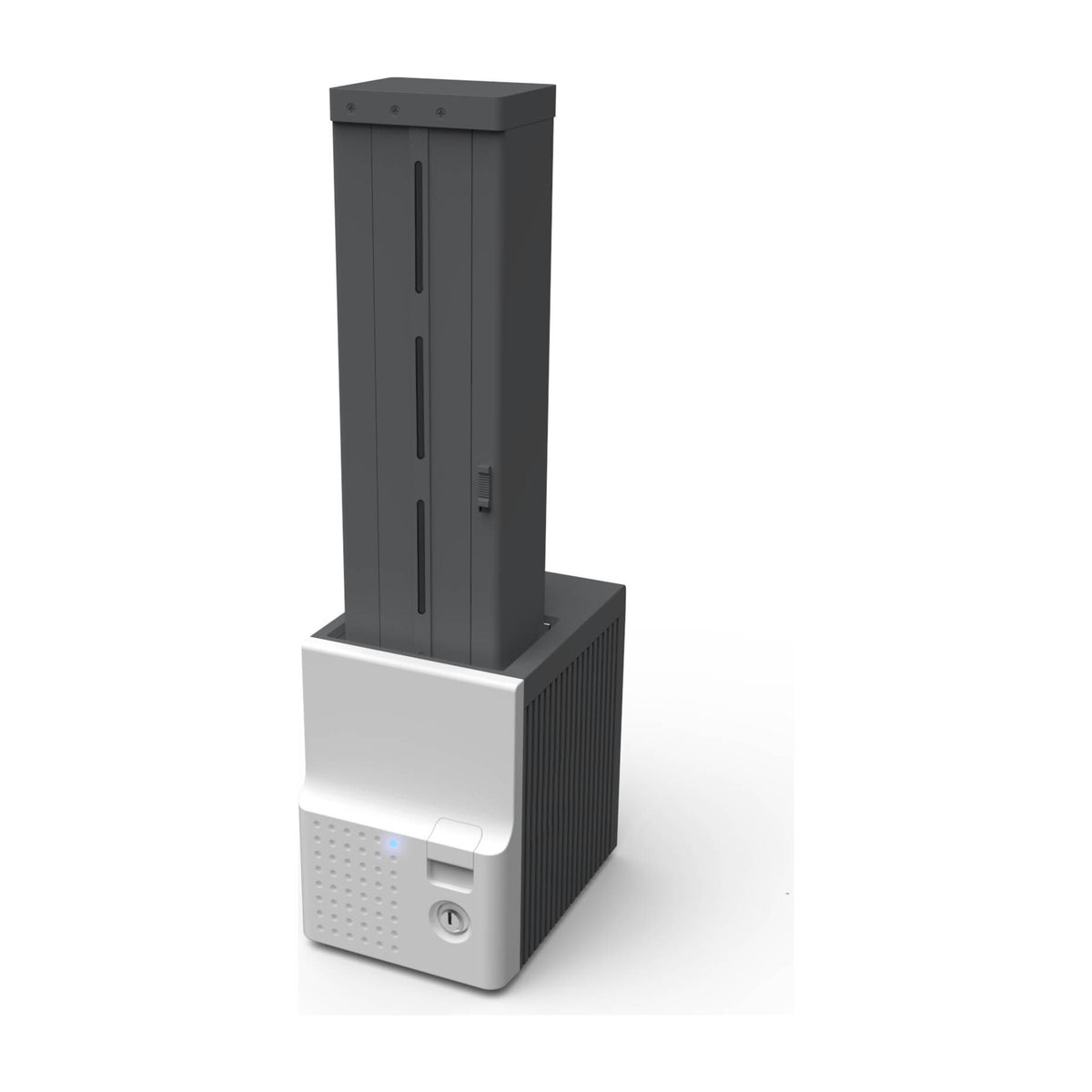 IDP SMART-70 output hopper module with its dark card cartridge in the top and key lock on the front