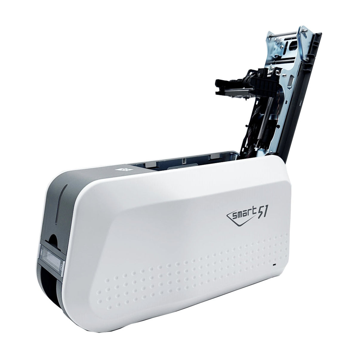 SMART-51S with the top cover raised, showing the metal frame and print head assembly inside