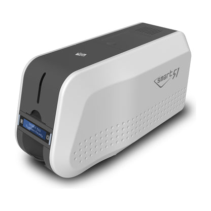 IDP SMART-51S single-sided ID card printer from the front left, with the two-line LCD and front card output