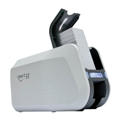 SMART-51S with the input hopper cover open and a stack of blank cards loaded, LCD lit on the front