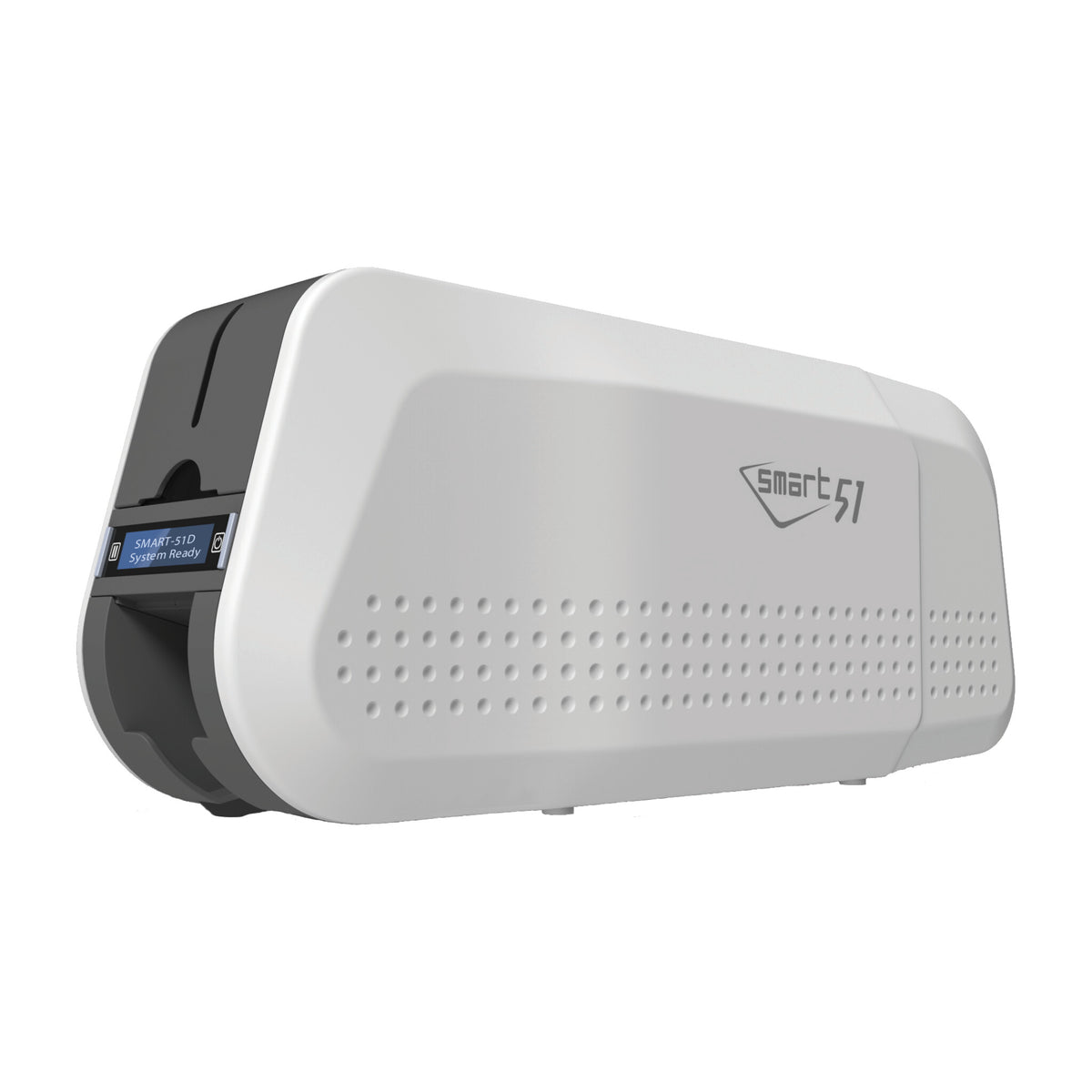 IDP SMART-51D dual-sided ID card printer from the front left, with the LCD and the flipper section at the rear
