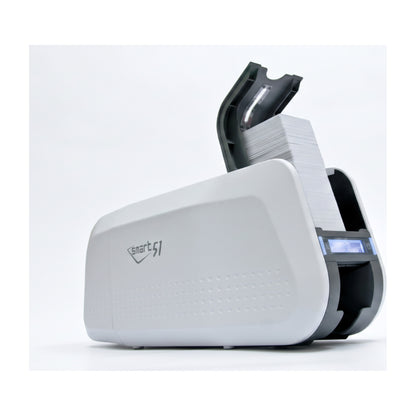 SMART-51D with the input hopper open and loaded with blank cards, the flipper seam visible at the back