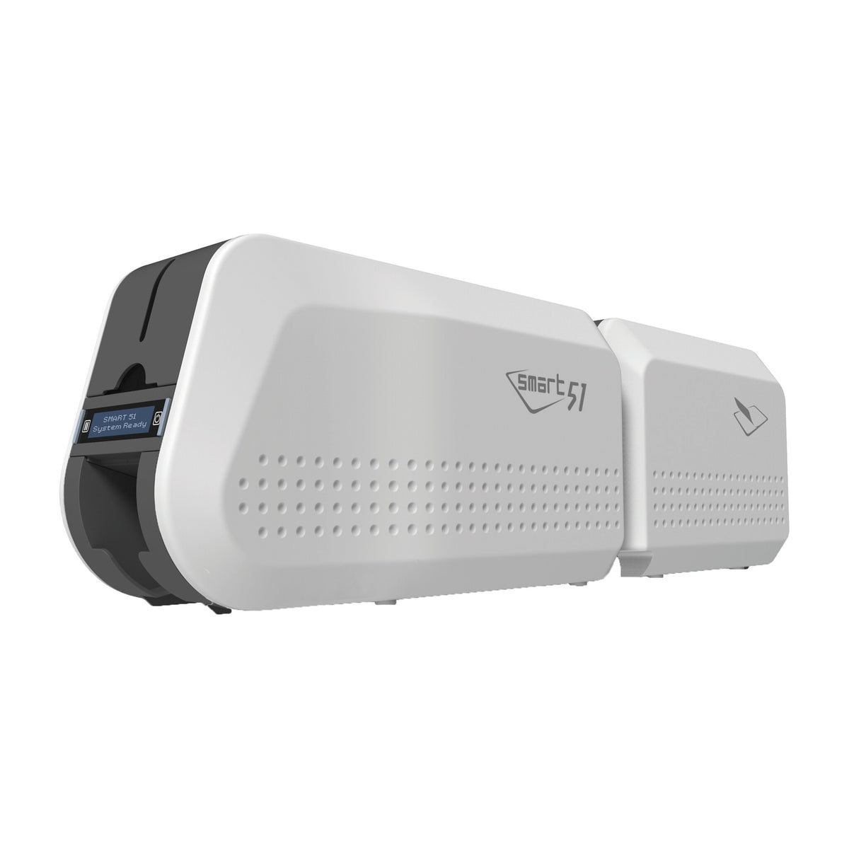 IDP SMART-51L ID card printer with the laminator module attached at the rear, seen from the front left