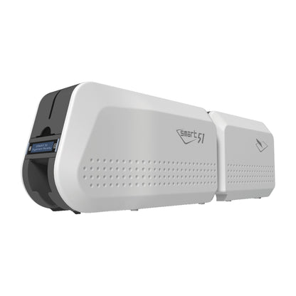 IDP SMART-51L ID card printer with the laminator module attached at the rear, seen from the front left