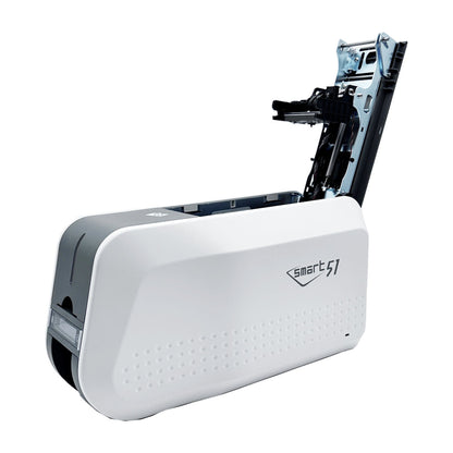 SMART-51S with the top cover raised, showing the metal frame and print head assembly inside