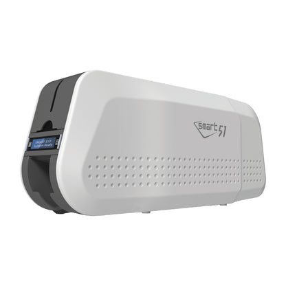 IDP SMART-51D with Ethernet dual-sided ID card printer from the front left, with the LCD and the flipper section at the rear