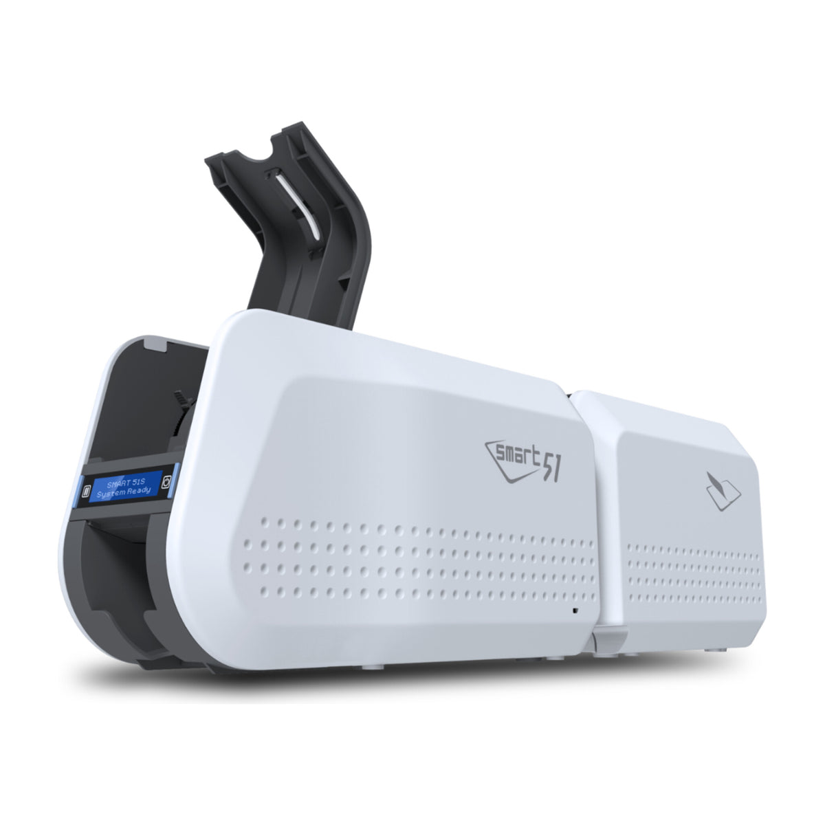 SMART-51L with the input hopper open and loaded with cards, printer and laminator modules side by side
