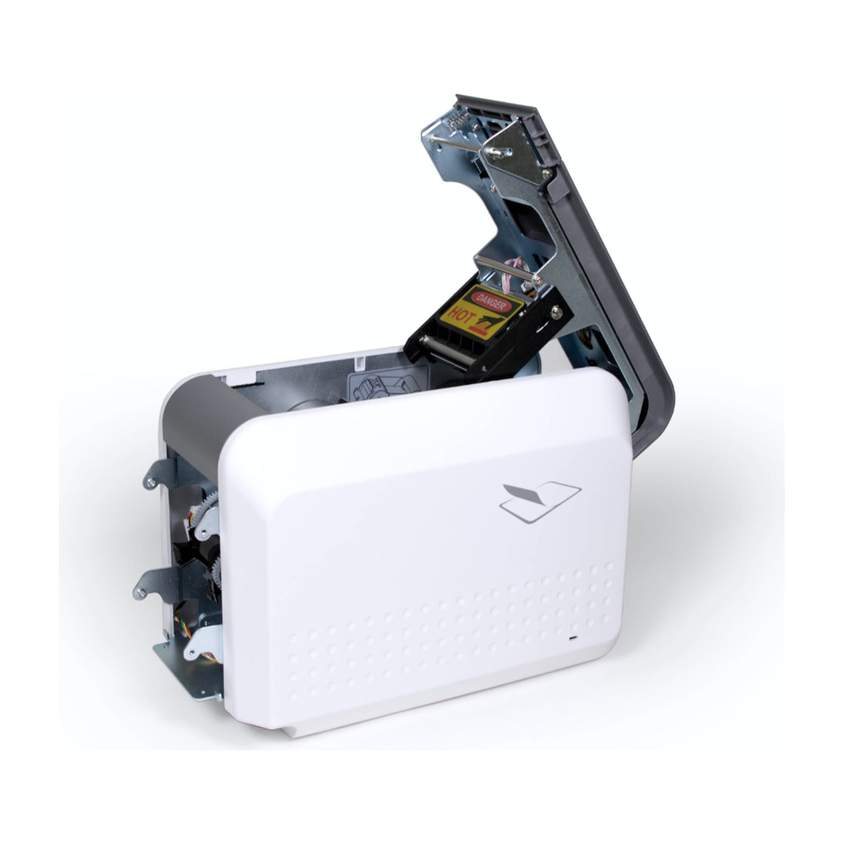 SMART-51L laminator module with its cover raised, showing the laminate head and film cartridge