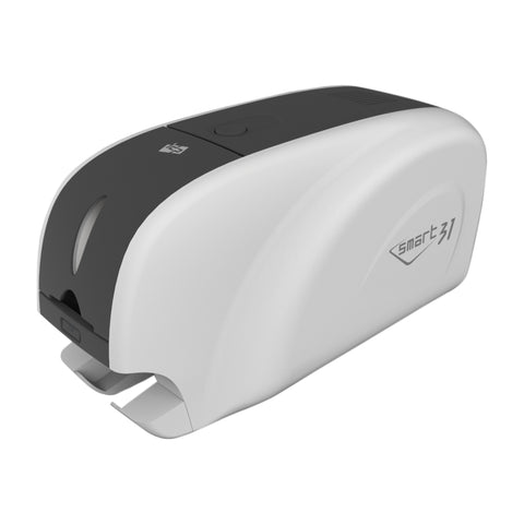 IDP SMART-31S single-sided ID card printer from the front left, with the gray front panel, card output tray and SMART-31 logo on the white cover