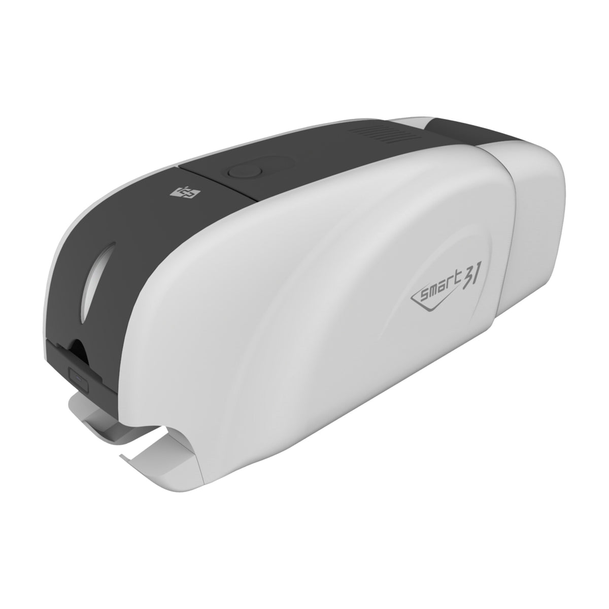 IDP SMART-31D dual-sided ID card printer from the front left, with the flipper section at the rear of the white shell