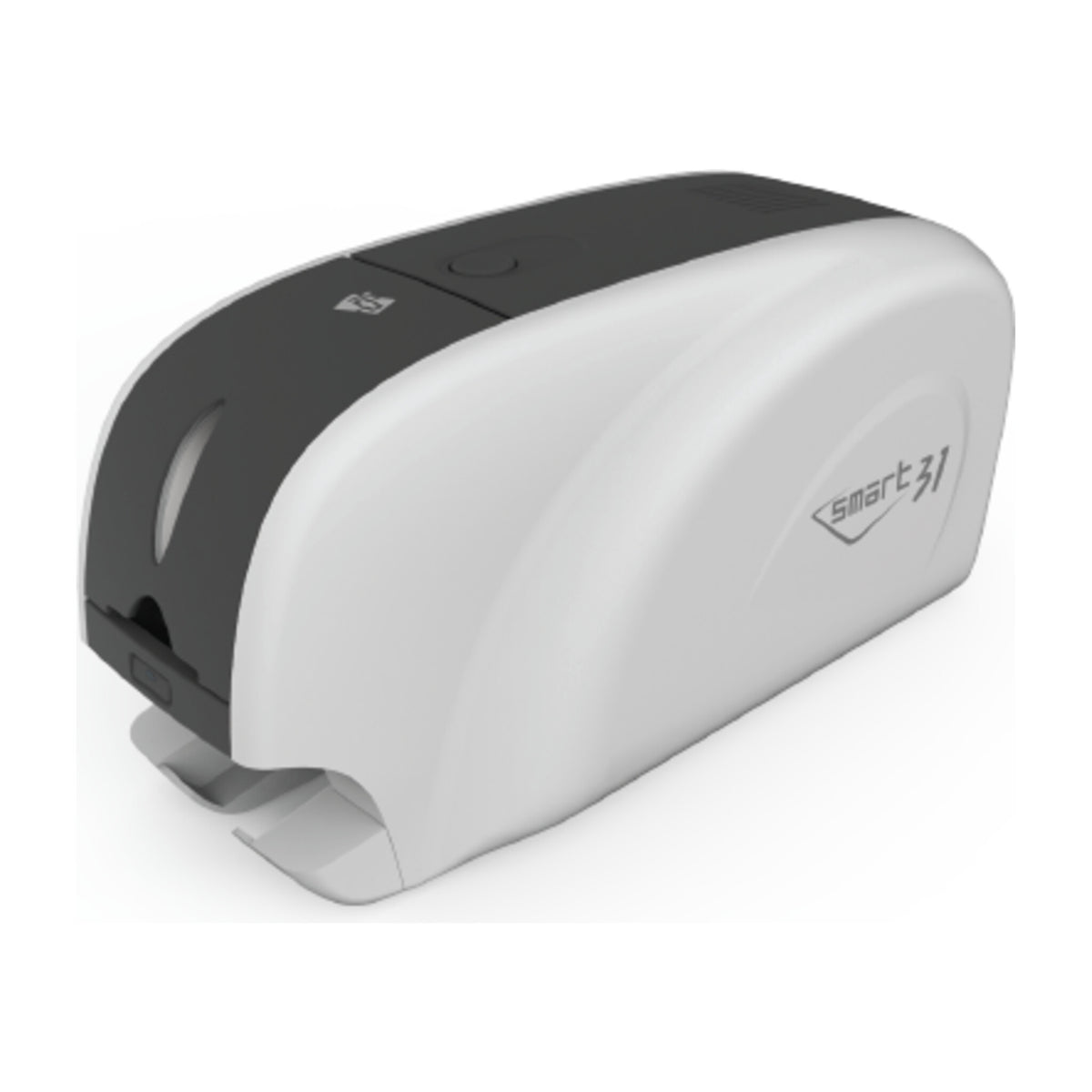 IDP SMART-31R rewritable card printer from the front left, a compact white SMART-31 body with a gray front panel and card output tray