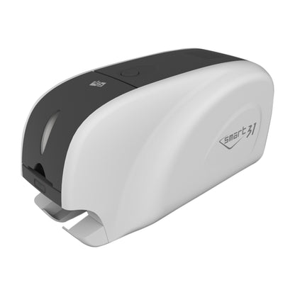 IDP SMART-31S with Ethernet single-sided ID card printer from the front left, with the gray front panel, card output tray and SMART-31 logo on the white cover