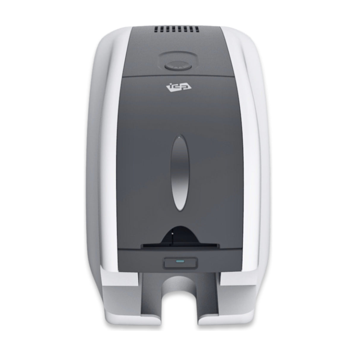 SMART-31 straight-on front view with the card input hopper on top, LED button and card output tray below