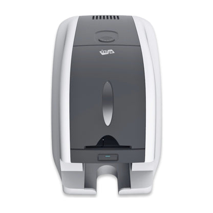 SMART-31 straight-on front view with the card input hopper on top, LED button and card output tray below