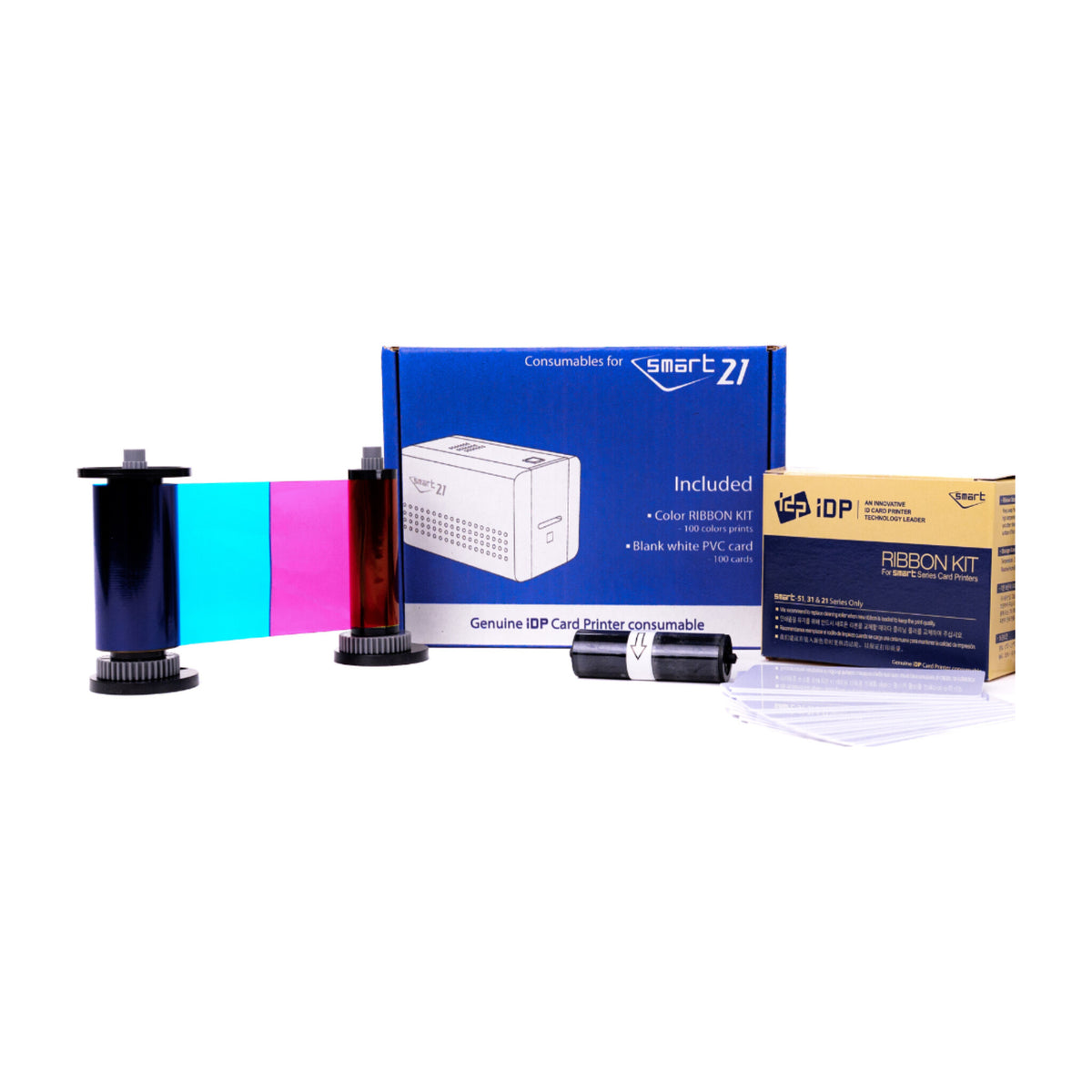 IDP 653313RK SMART-21 consumables kit: YMCKO color ribbon unrolled to show its panels, the kit box, ribbon box, cleaning roller and white PVC cards