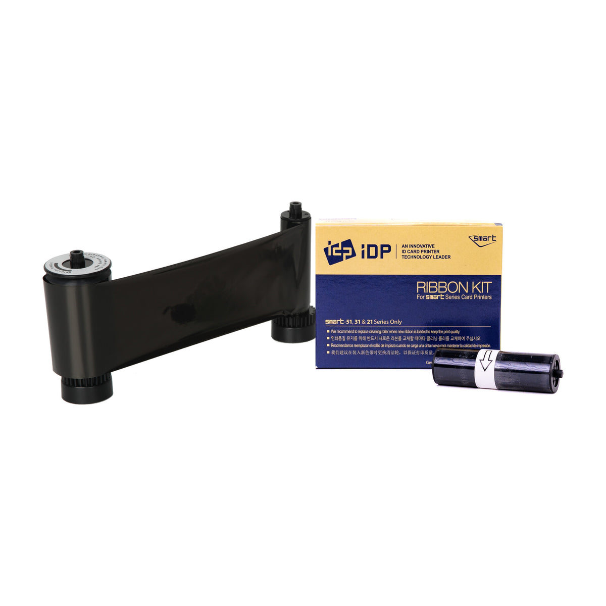 IDP 653314 black resin ribbon for the SMART-21 unrolled in front of its Ribbon Kit box, with a cleaning roller