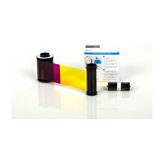 IDP 653378 SMART-81 YMCKK color ribbon unrolled to show its colored panels, with its box and cleaning roller