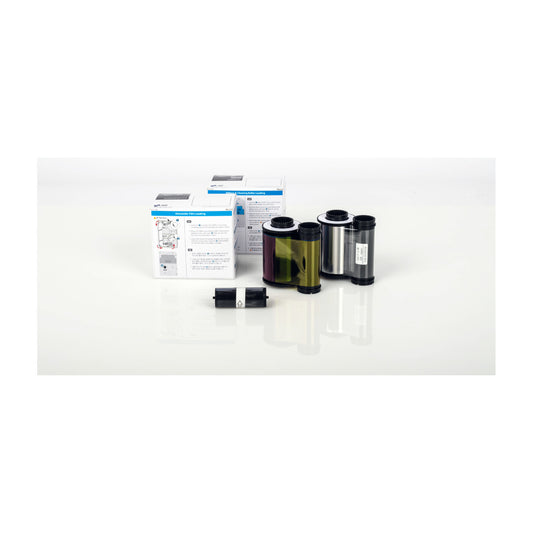 IDP 653547 pack: SMART-81 YMCK color ribbon and retransfer film rolls with their two boxes and a cleaning roller