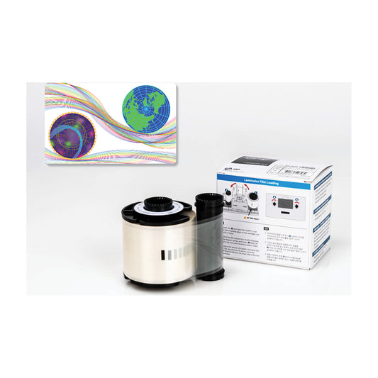 IDP Celestial hologram laminate roll and box for the SMART-81L, with a sample card showing the globe and swirl design