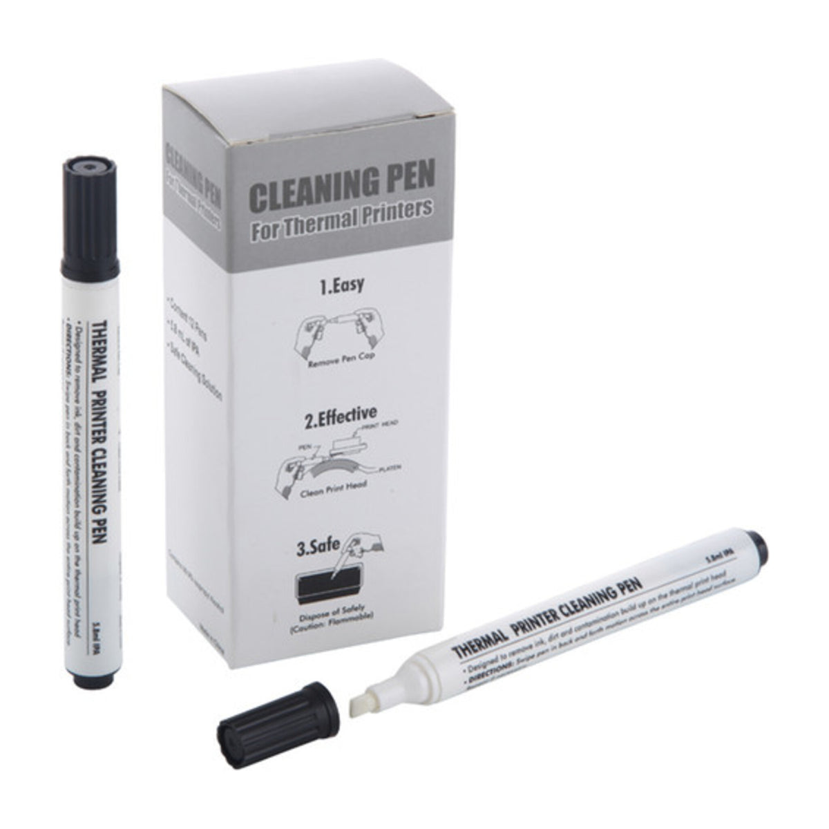 Two thermal printer cleaning pens, one uncapped, in front of the Cleaning Pen box
