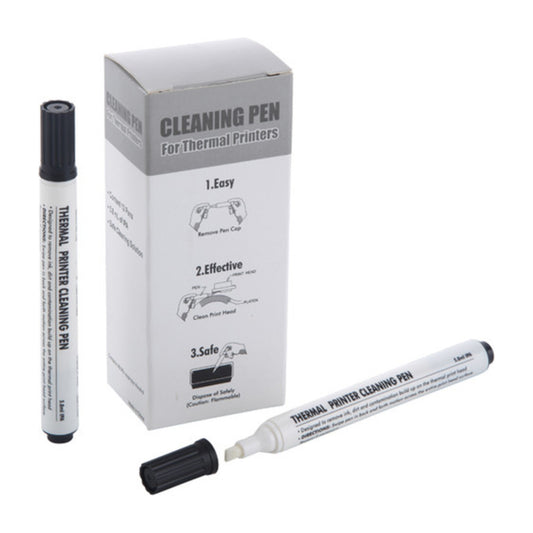 Two thermal printer cleaning pens, one uncapped, in front of the Cleaning Pen box