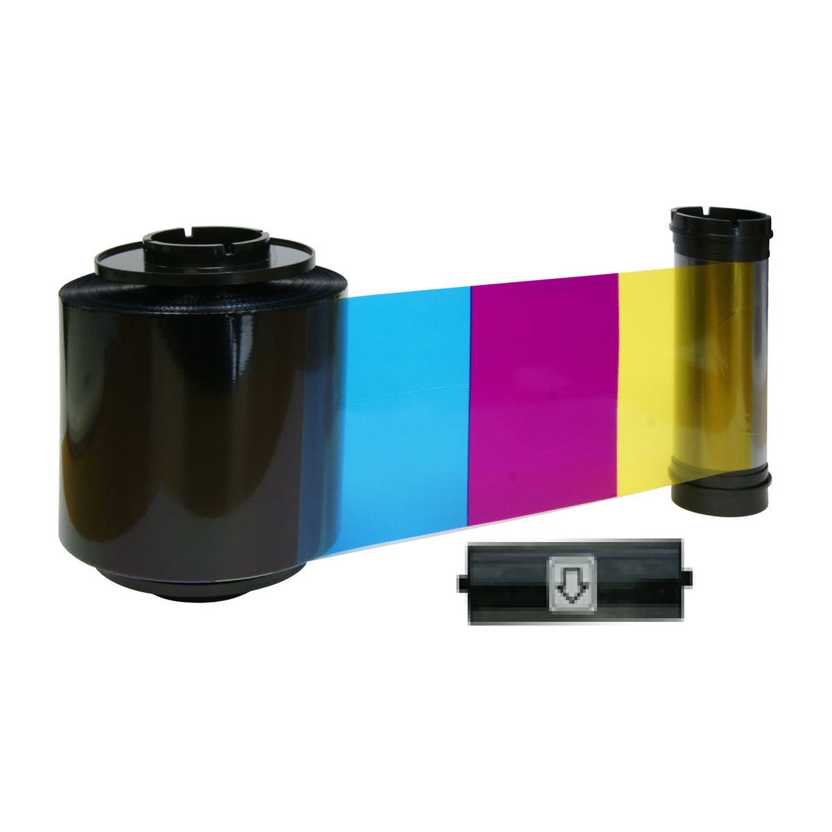 IDP 659112 SMART-70 half-panel ymcKO ribbon unrolled to show its cyan, magenta and yellow panels, with its cleaning roller
