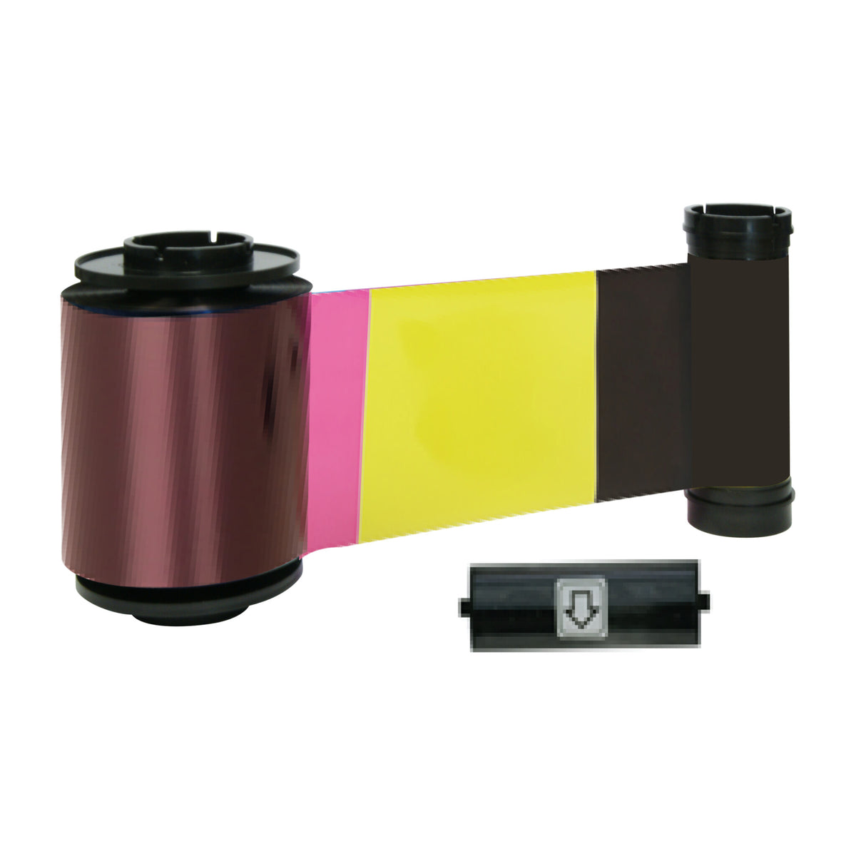 IDP 659113 SMART-70 YMCKOK ribbon unrolled to show its colored and black panels, with its cleaning roller