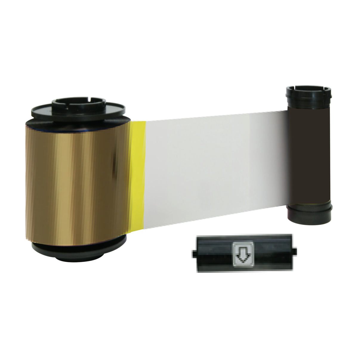IDP 659114 SMART-70 YMCFKO ribbon unrolled to show its panels, with its cleaning roller