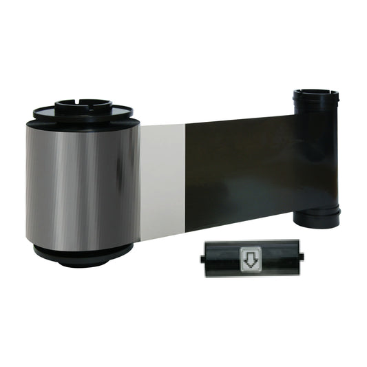 IDP 659119 SMART-70 KO ribbon unrolled to show its black and clear overlay panels, with its cleaning roller