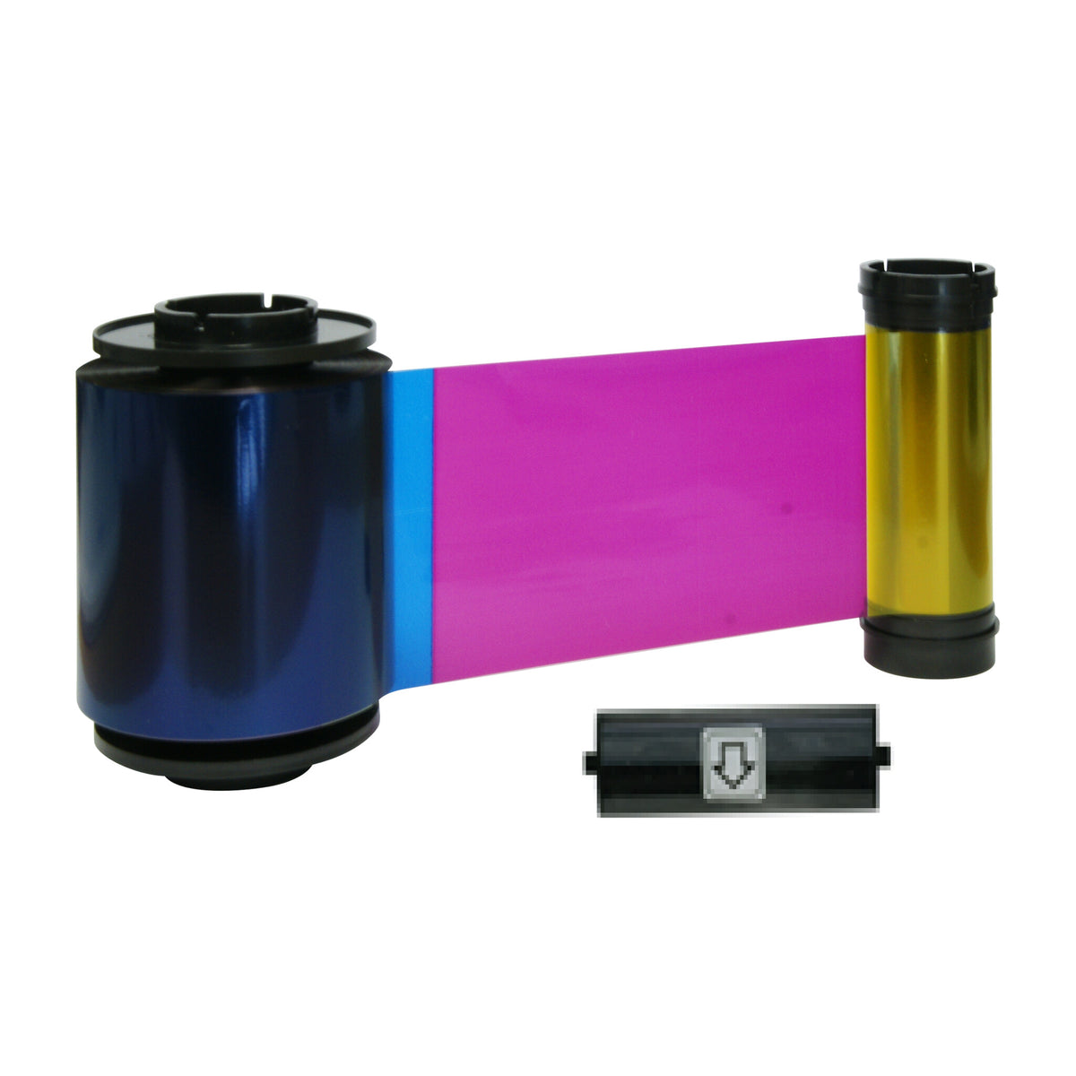 IDP 659243 SMART-70 YMC ribbon unrolled to show the cyan, magenta and yellow panels, with its cleaning roller
