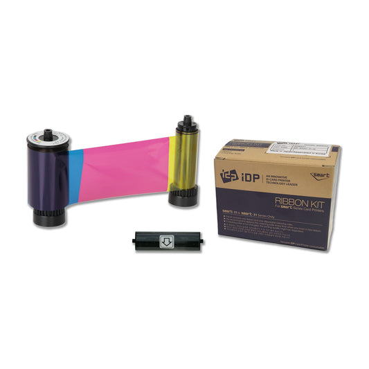 IDP 659366 YMCKO color ribbon roll showing cyan, magenta and yellow panels, with its disposable cleaning roller and SMART-31 and SMART-51 ribbon box