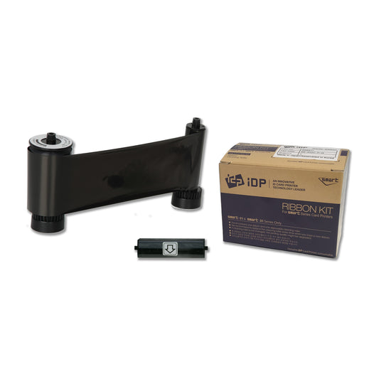 IDP 659367 K black resin ribbon roll with its disposable cleaning roller and SMART-31 and SMART-51 ribbon box
