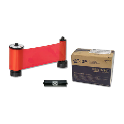 IDP 659371 R red resin ribbon roll with its disposable cleaning roller and SMART-31 and SMART-51 ribbon box