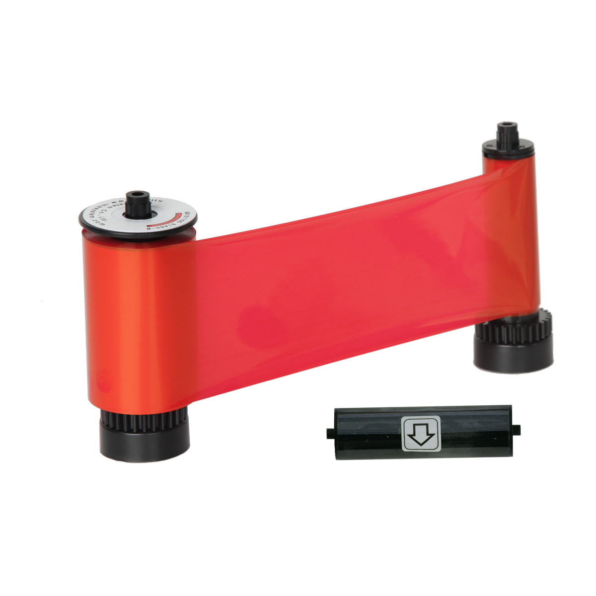 IDP 659371 red ribbon unwound between its supply and take-up spools, with the cleaning roller below