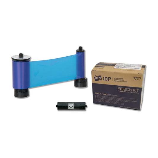 IDP 659372 B blue resin ribbon roll with its disposable cleaning roller and SMART-31 and SMART-51 ribbon box