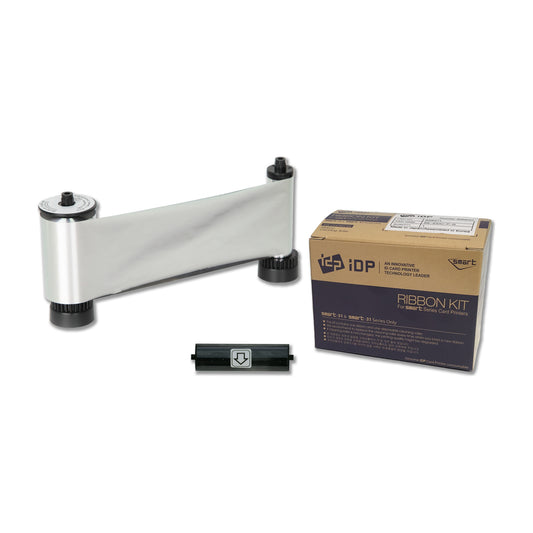 IDP 659373 MS metallic silver resin ribbon roll with its disposable cleaning roller and SMART-31 and SMART-51 ribbon box